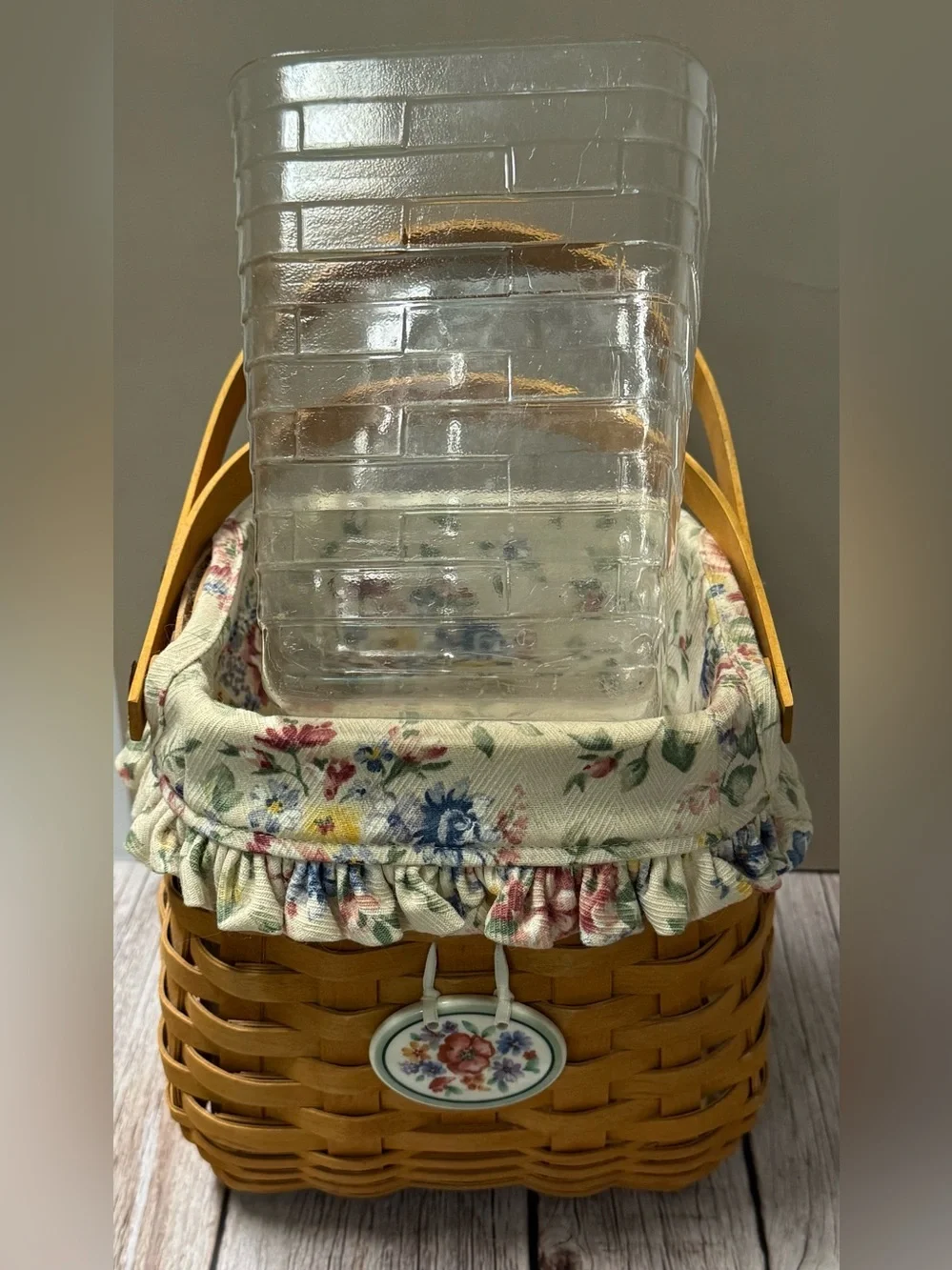 2002 Longaberger Tote Basket Combo Spring Floral Fabric Liner & Charm +Protector